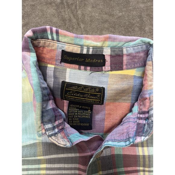 Eddie Bauer Mens Shirt Sz Small Madras Patchwork Cabincore Preppy Casual Vintage - Picture 4 of 6